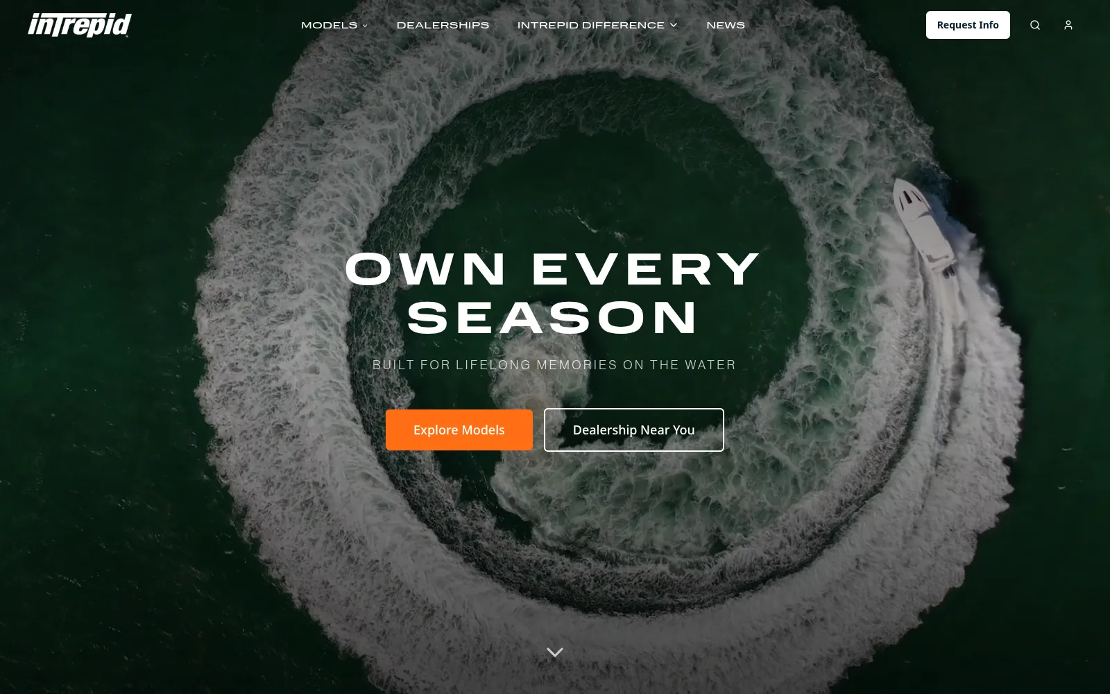 Intrepid Powerboats homepage with an aerial shot of a center console carving a circular wake under the headline Own Every Season