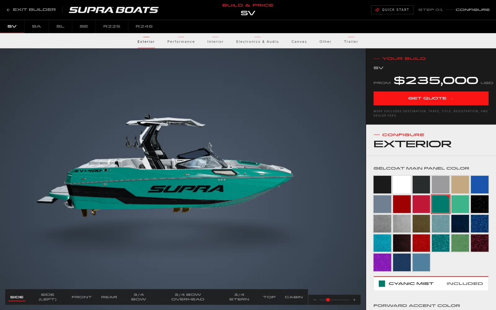 Supra Boats Build Your SV configurator showing a teal 3D SV wake boat beside the gelcoat color picker