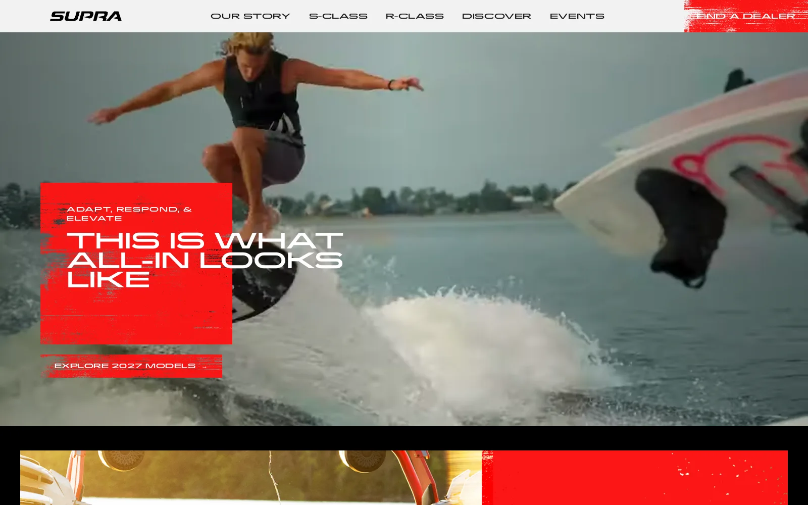 supraboats.com homepage with a wakesurfer behind a Supra boat
